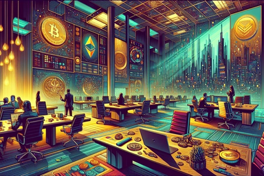 Futuristic office with cryptocurrency symbols and