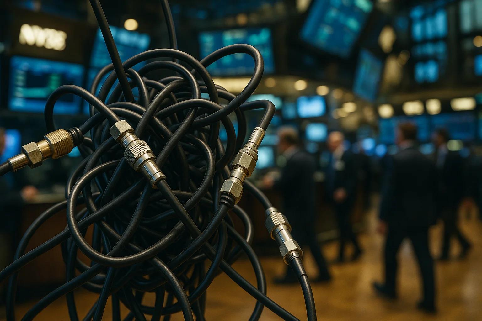 Tangled black cables in foreground with blurred
