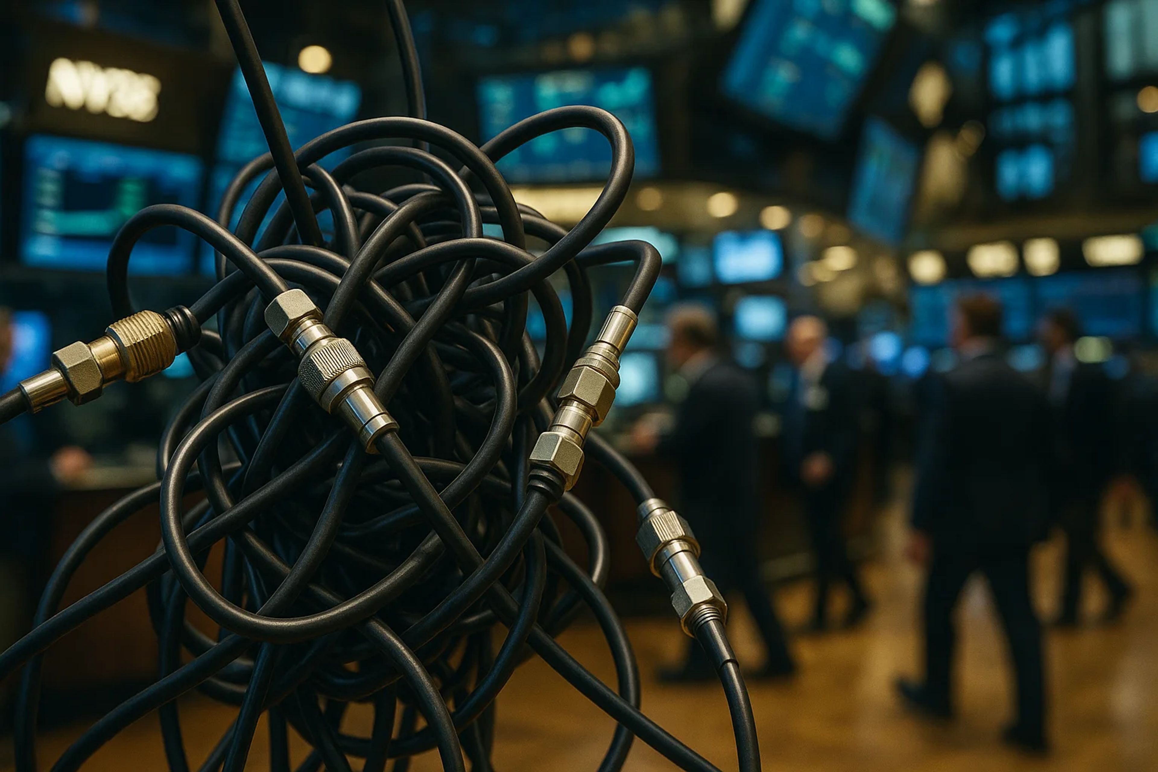 Tangled black cables in foreground with blurred