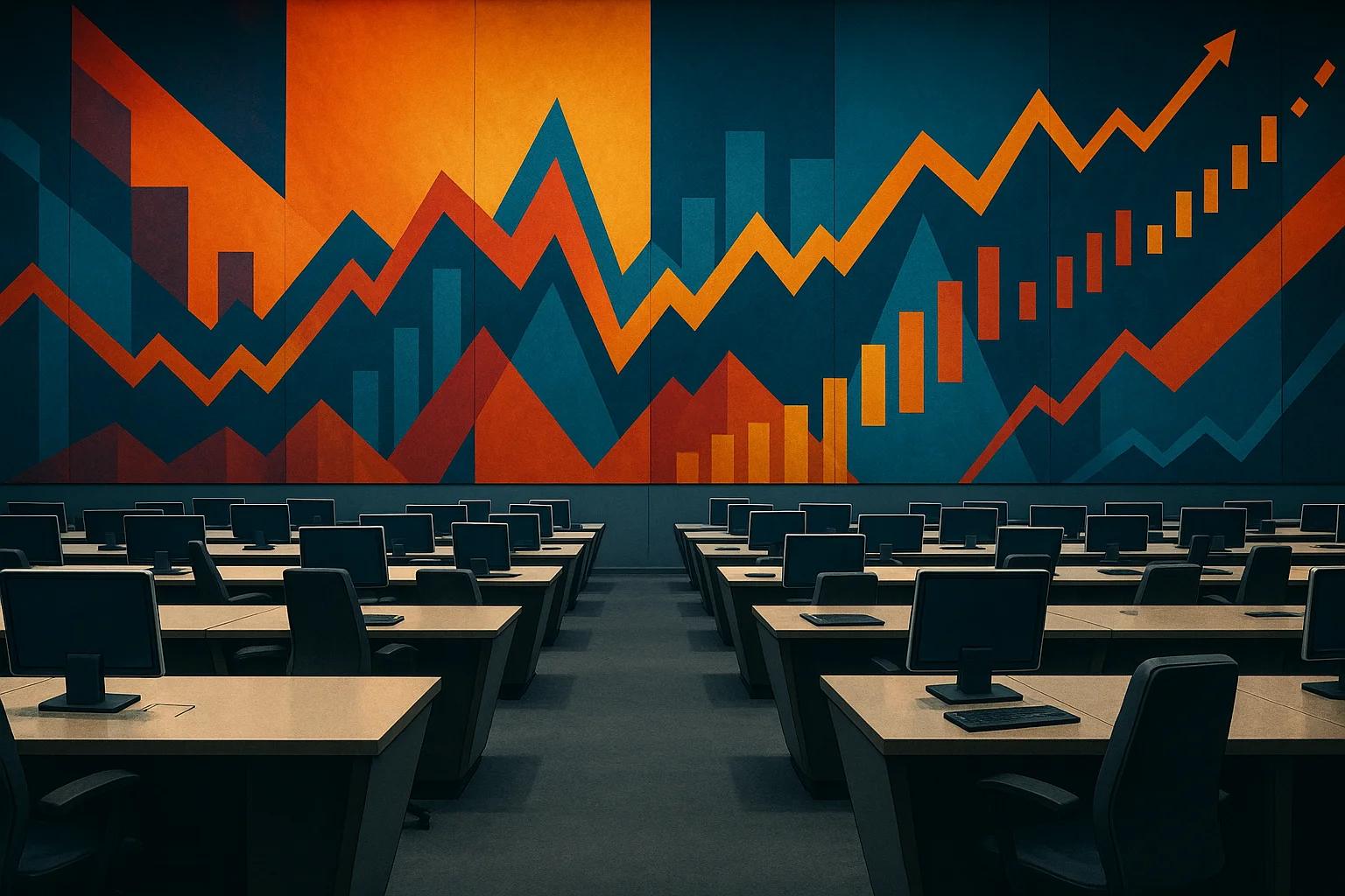 Empty conference room with desks and a colorful
