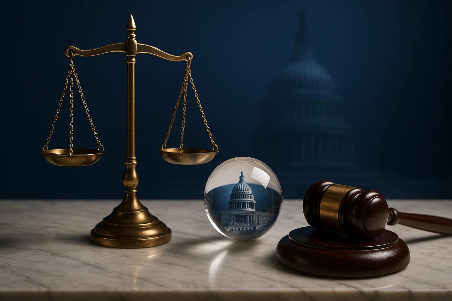 Brass scales of justice and a gavel on a marble