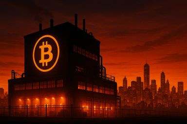 Silhouetted industrial building with Bitcoin