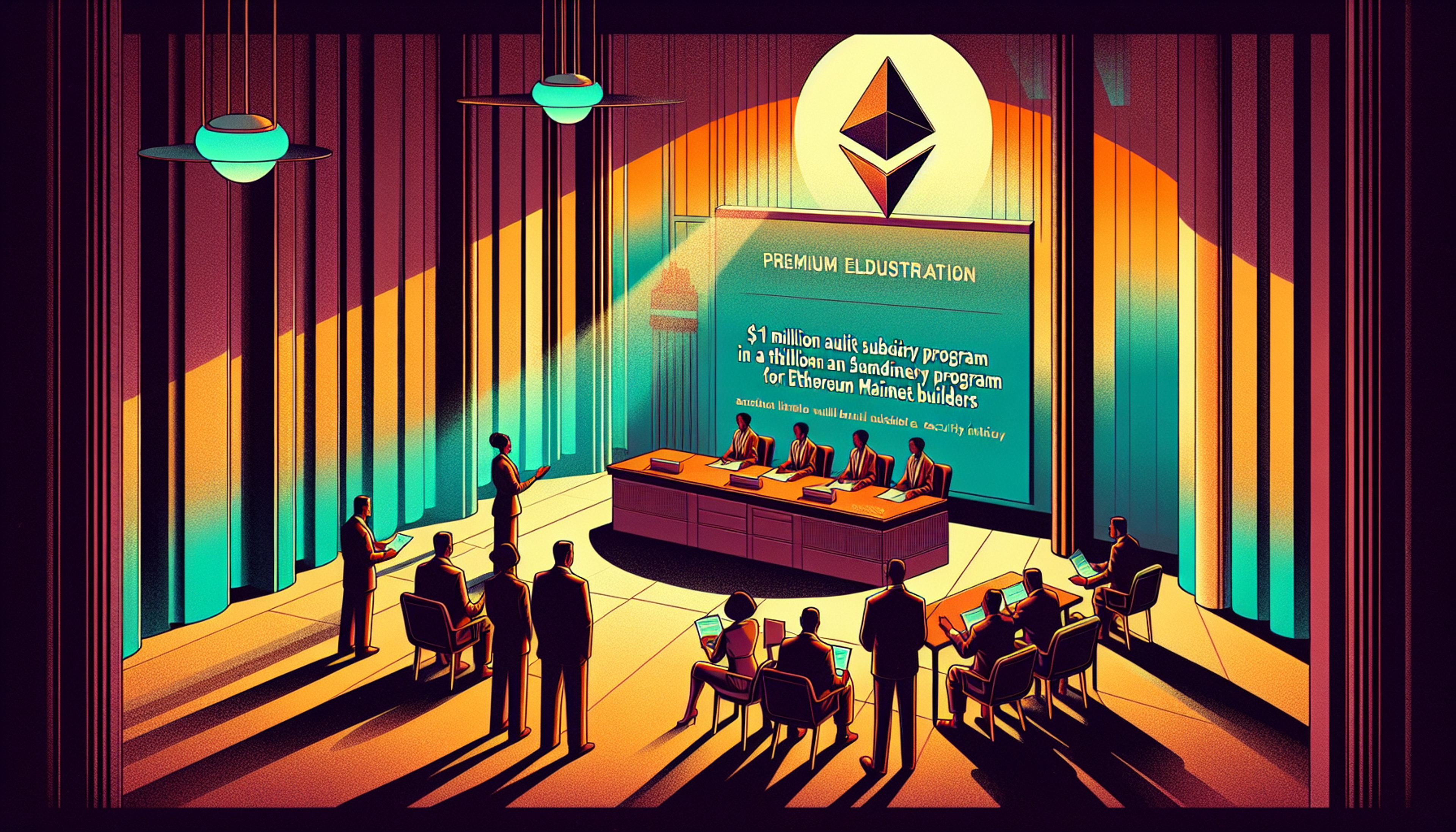 A stylized conference scene with a panel of