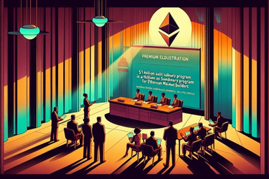 A stylized conference scene with a panel of