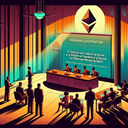 A stylized conference scene with a panel of