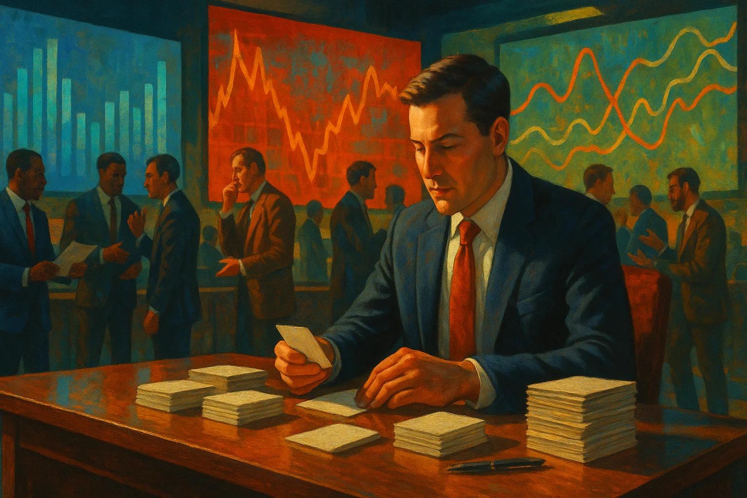 A man in a suit examines cards at a table, with
