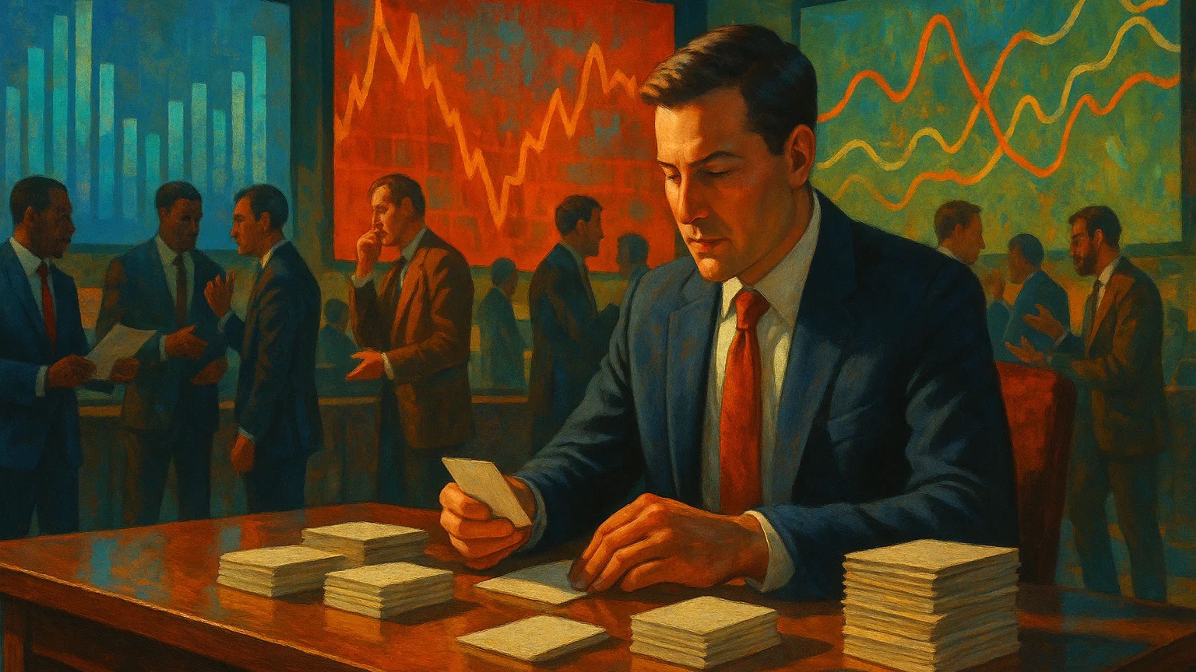 A man in a suit examines cards at a table, with