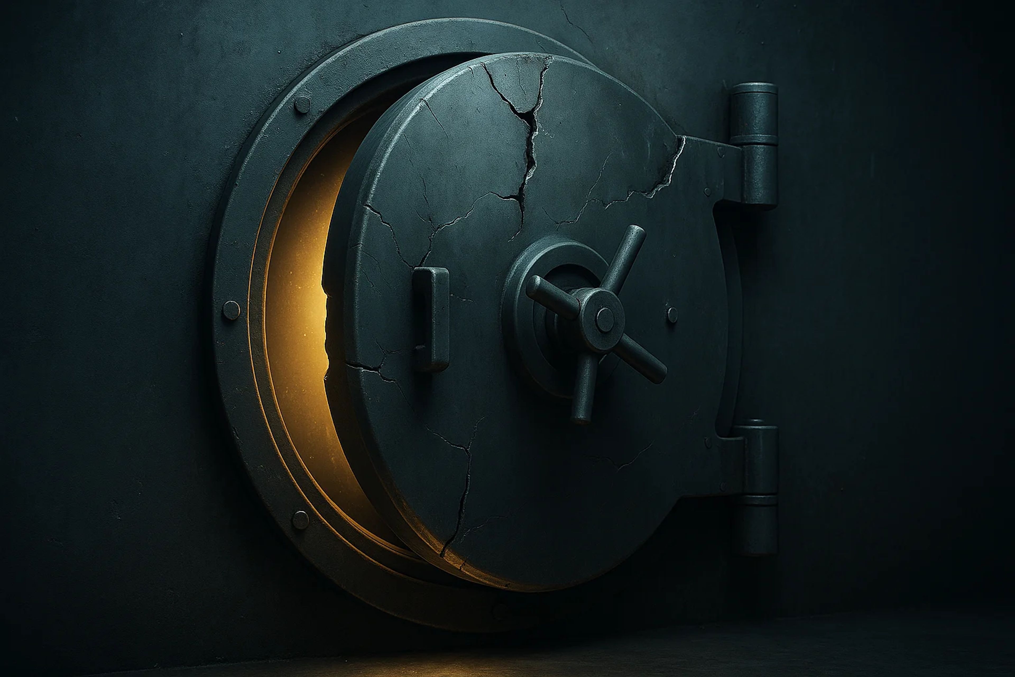 A cracked safe with an open door, glowing inside