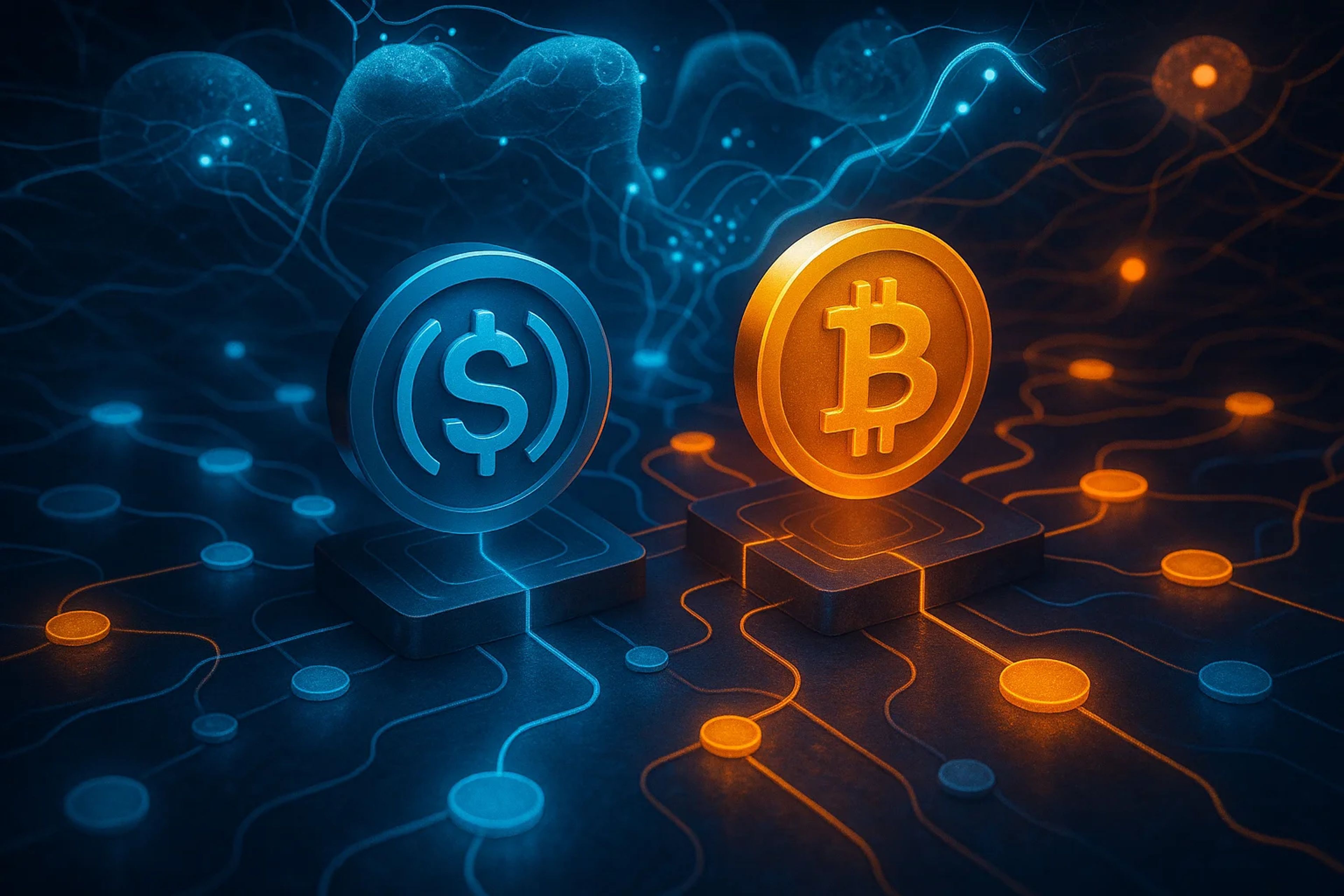 Two digital currency symbols, one blue and one