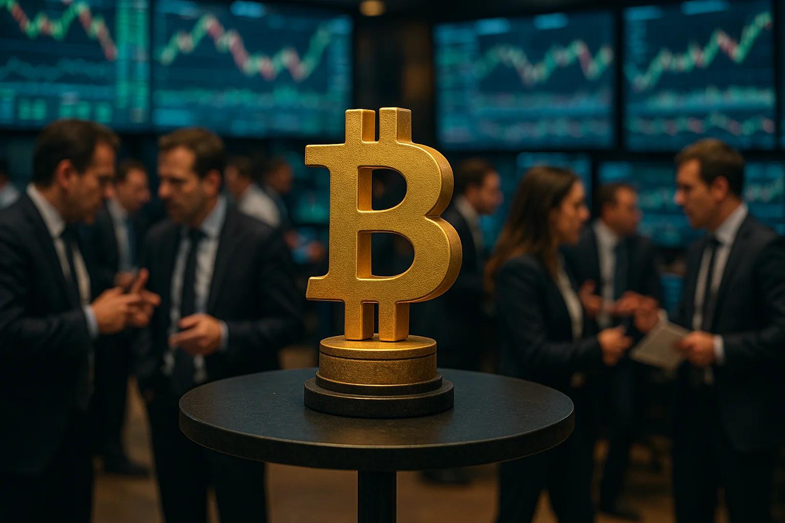 Golden Bitcoin symbol in foreground with traders