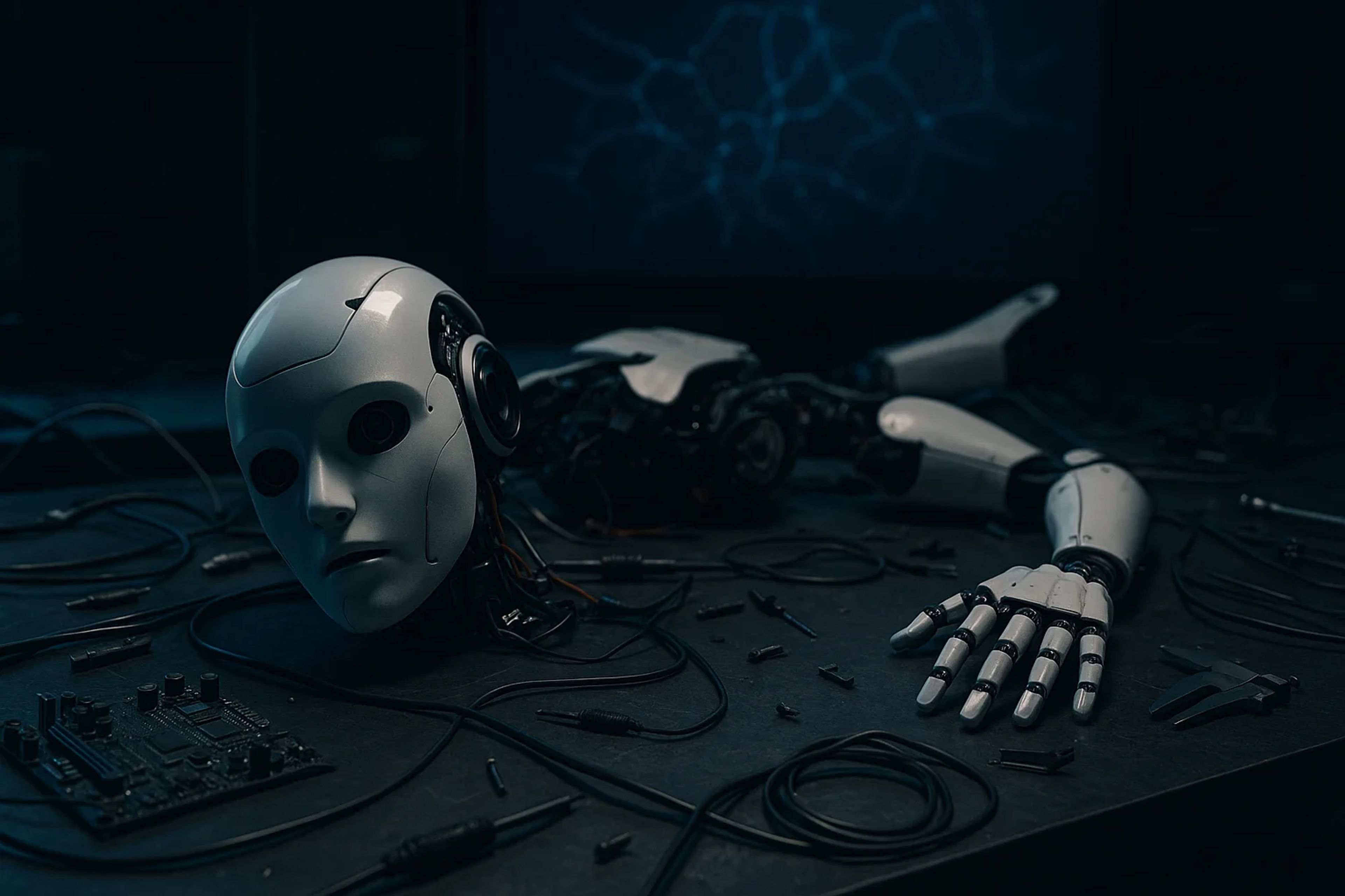 A disassembled robotic head and arm on a dark