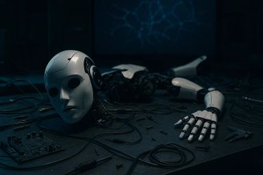 A disassembled robotic head and arm on a dark