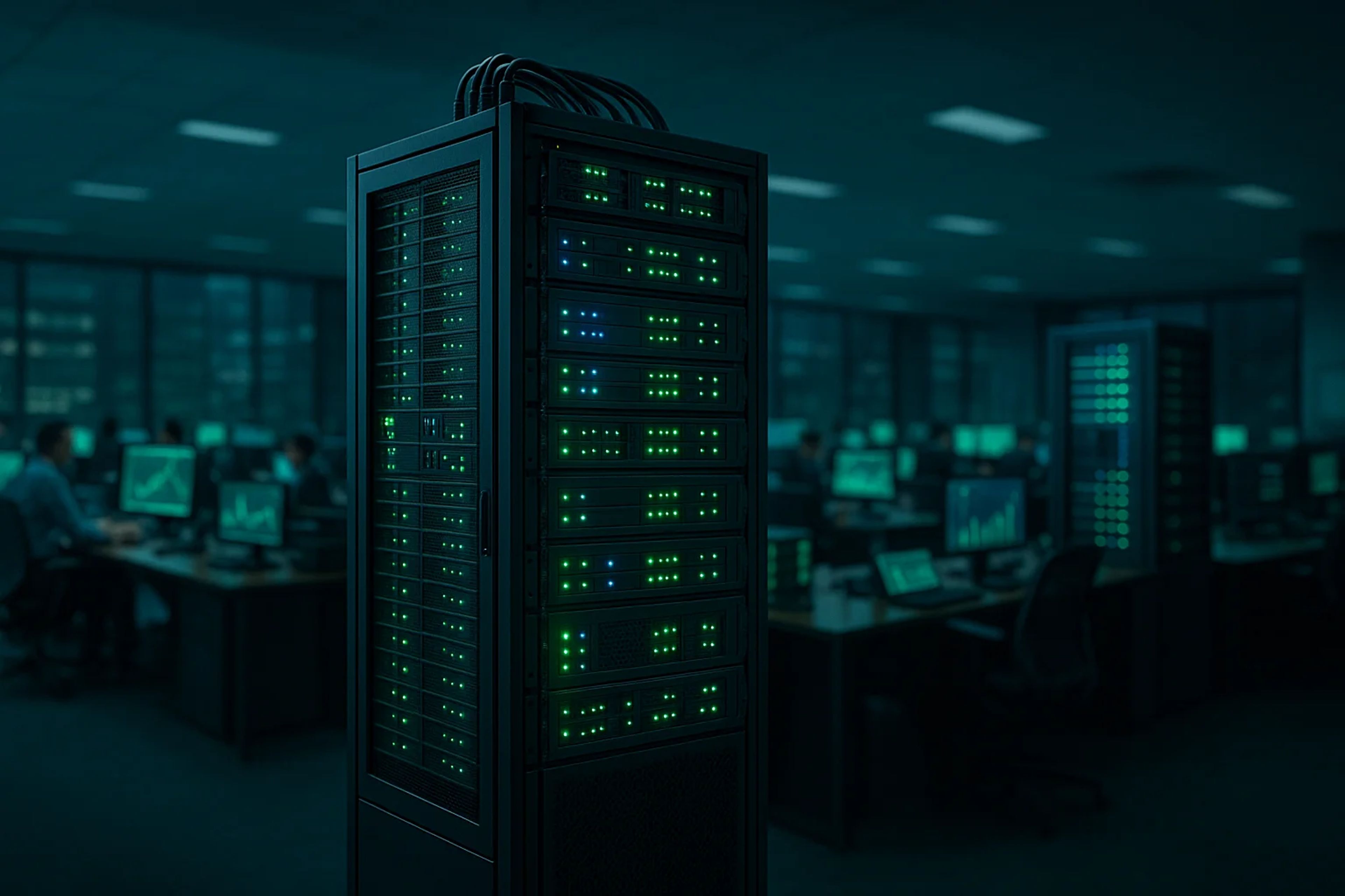 A server rack with glowing green lights in a