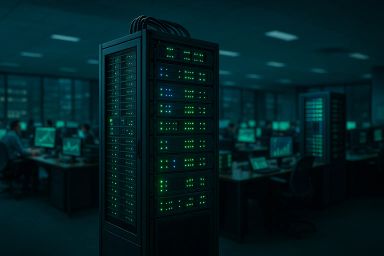 A server rack with glowing green lights in a
