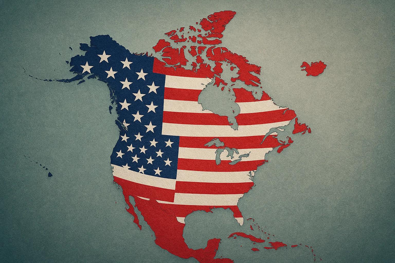 Map of North America filled with the American flag
