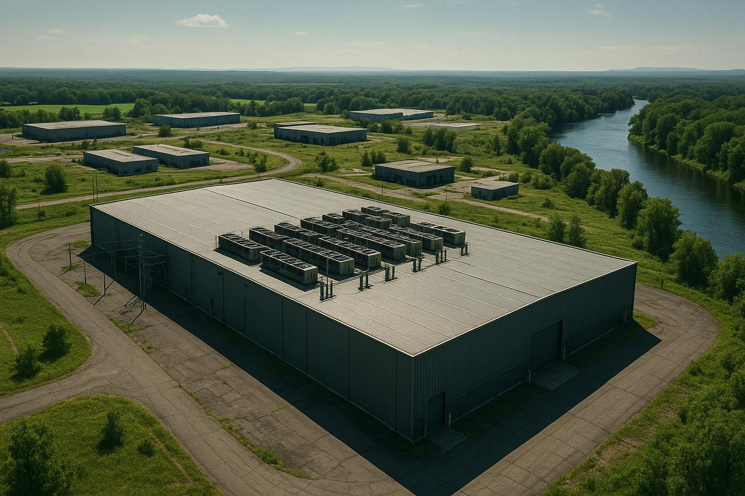 Aerial view of a large warehouse with rooftop