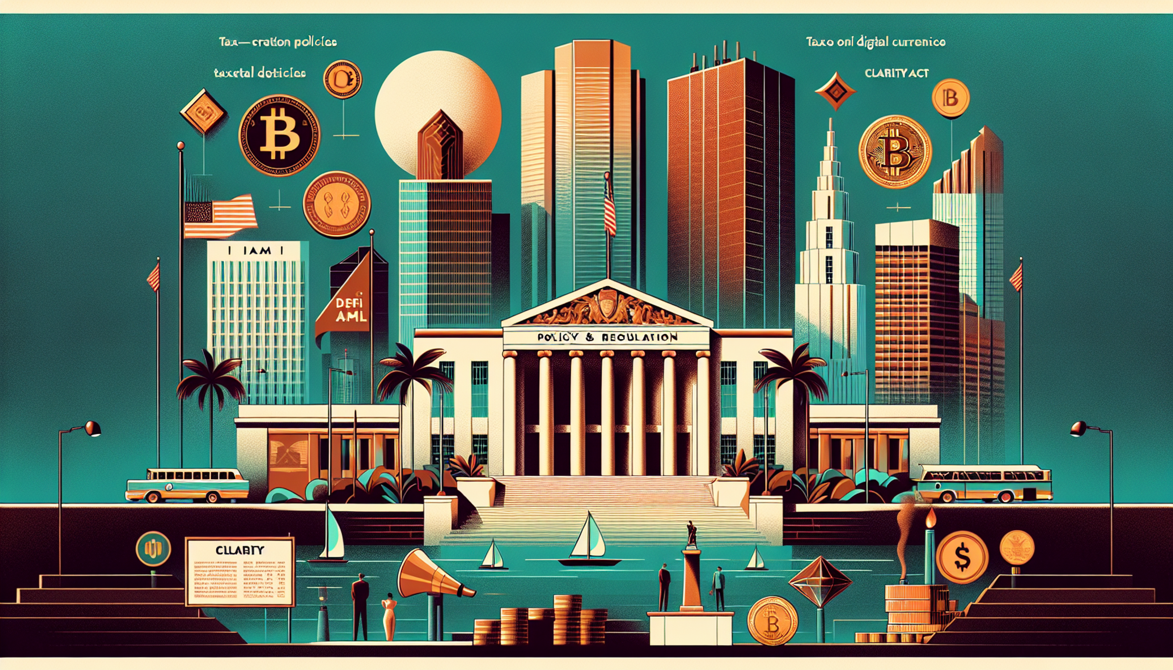 Stylized cityscape with skyscrapers and a