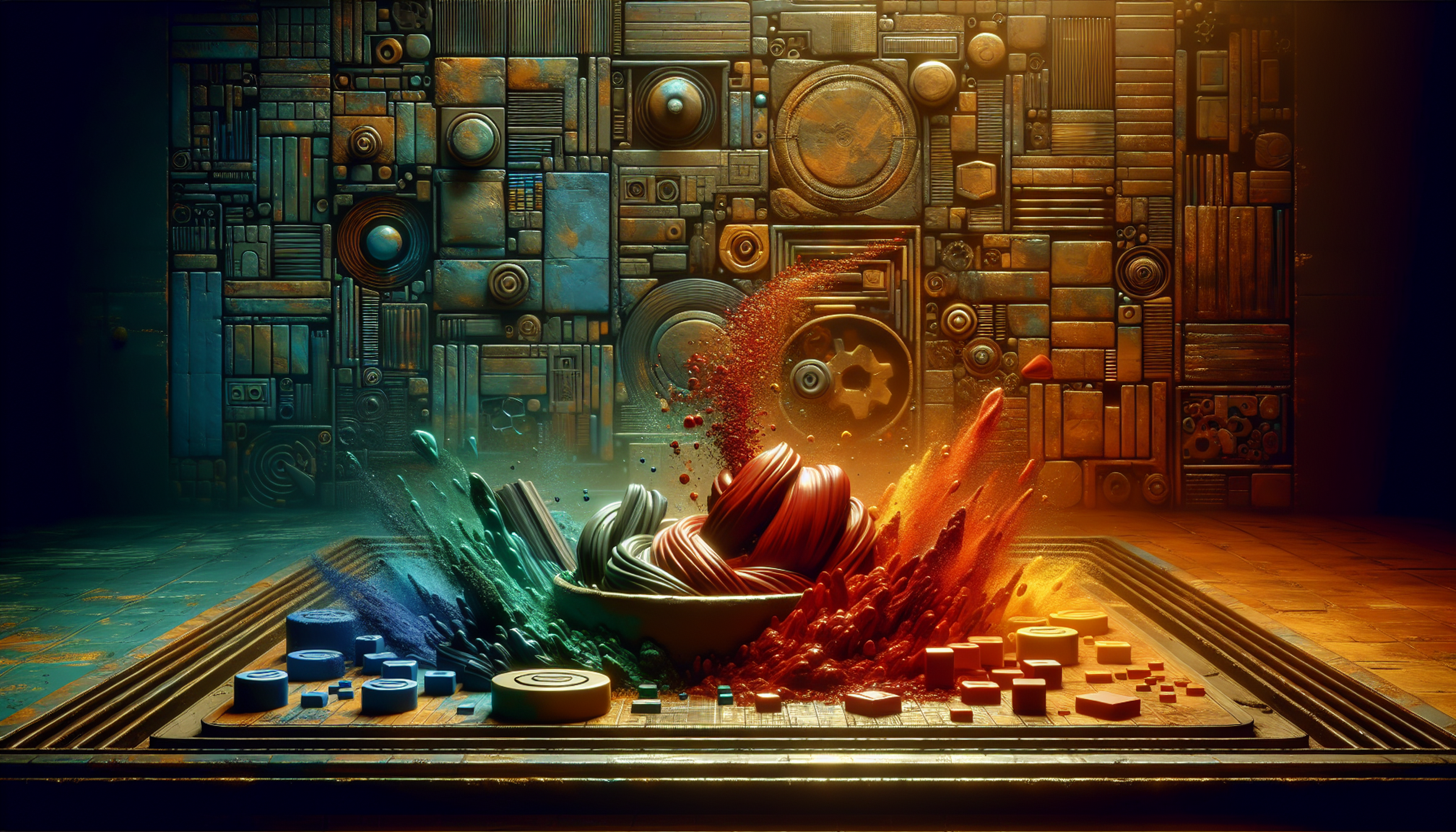 A bowl spills colorful paint splashes against a