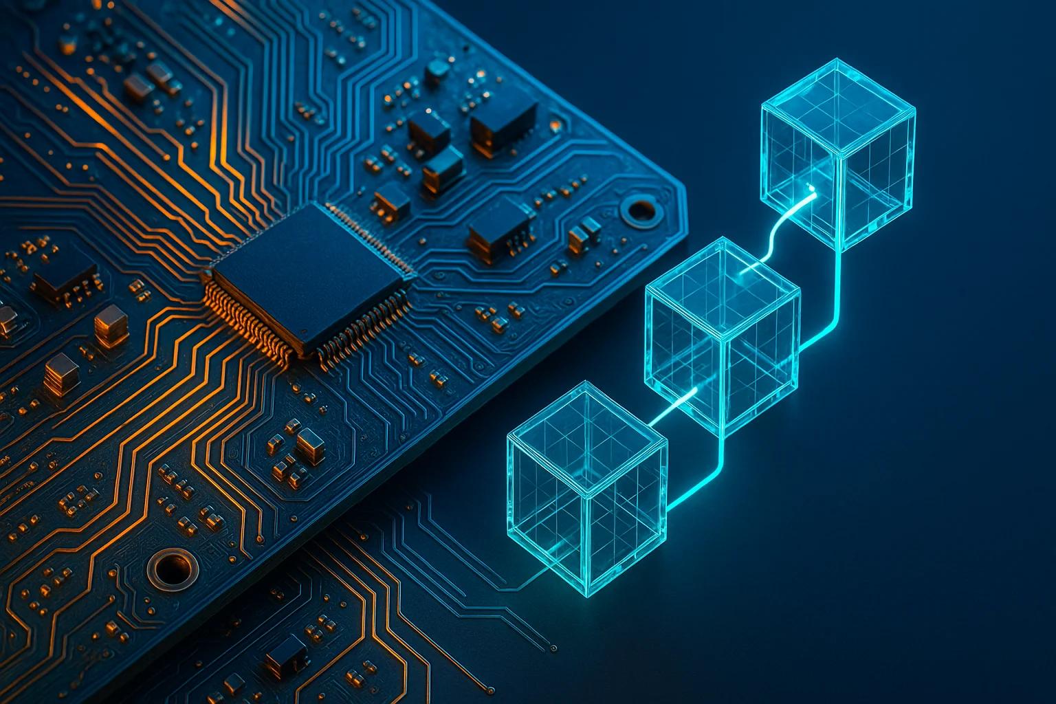 Circuit board with glowing blue blockchain cubes
