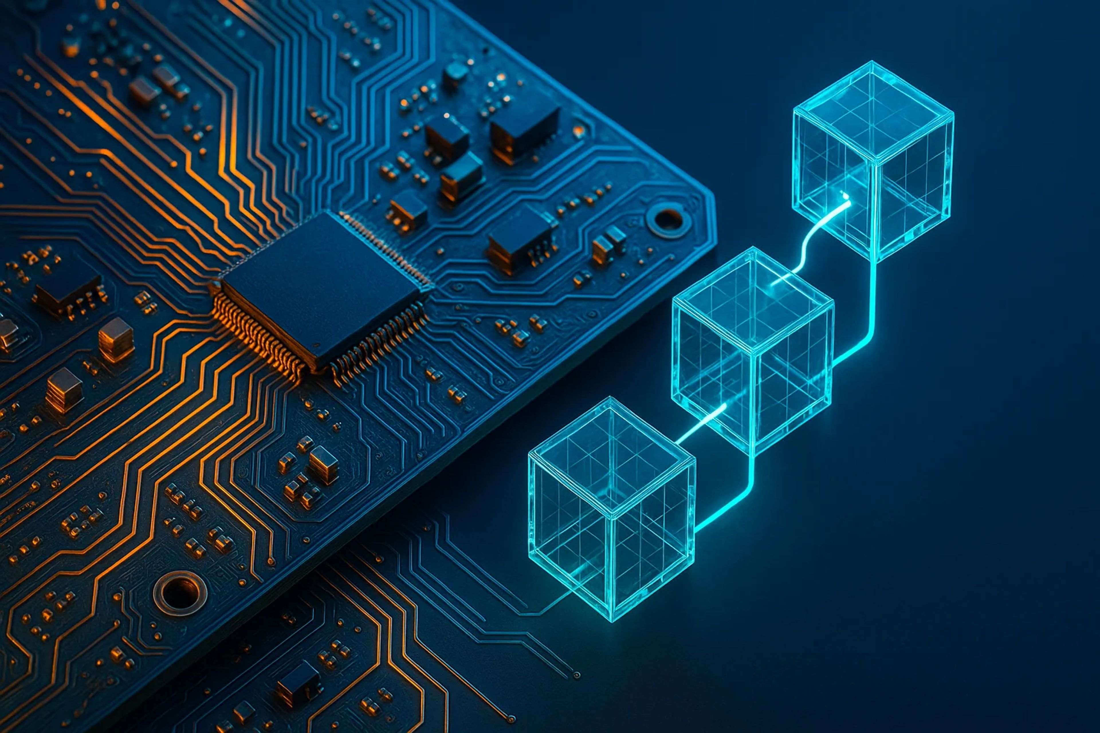 Circuit board with glowing blue blockchain cubes