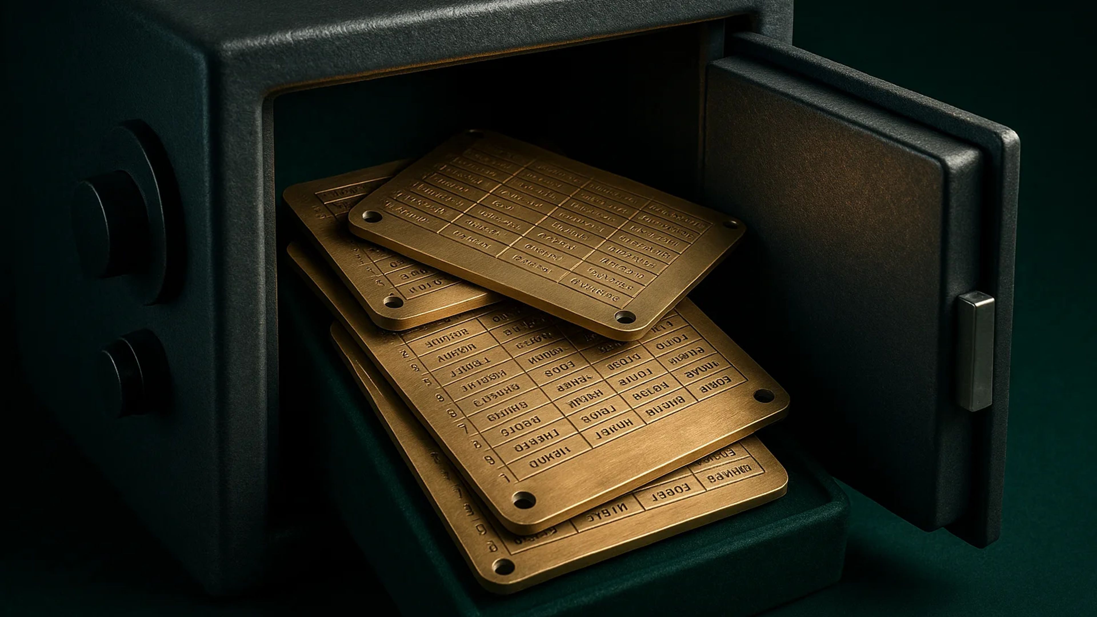 A dark safe with open door revealing gold plates