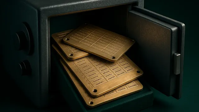 A dark safe with open door revealing gold plates