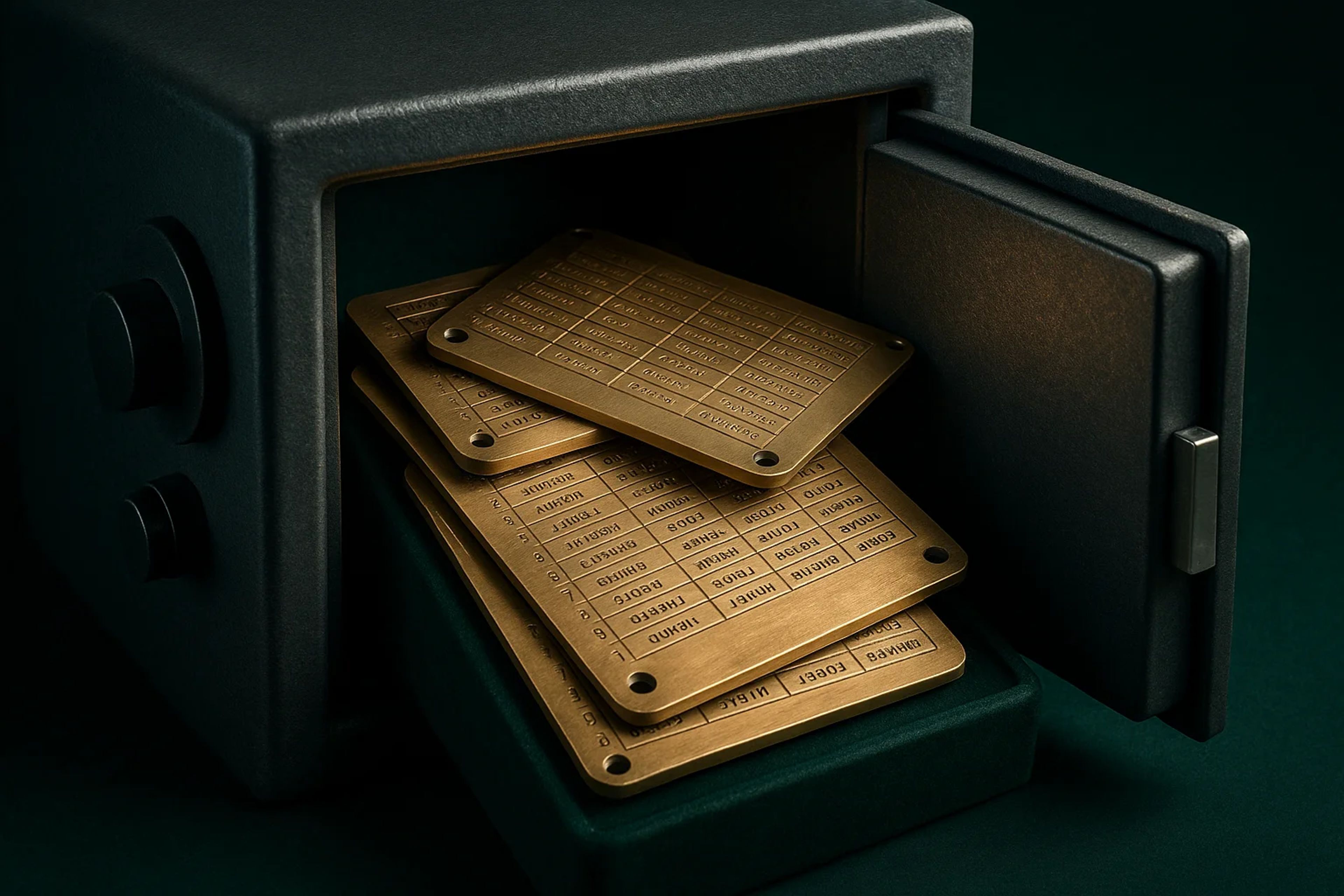 A dark safe with open door revealing gold plates