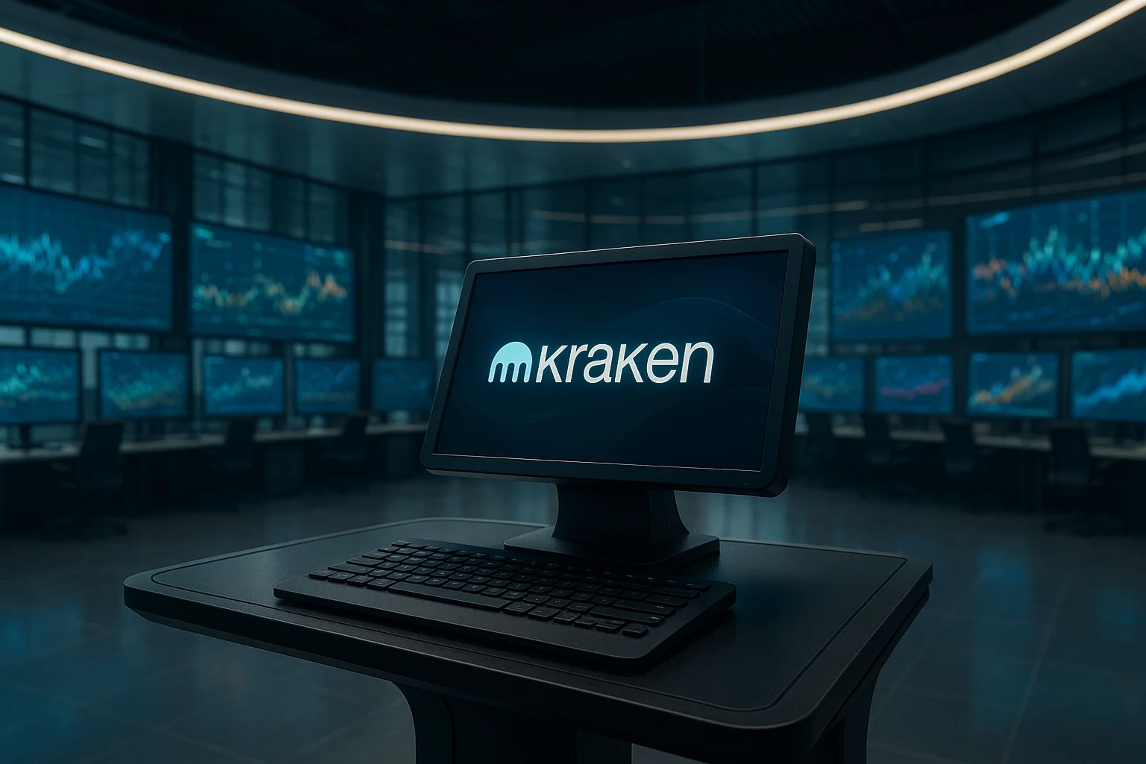 A computer monitor displaying the Kraken logo in