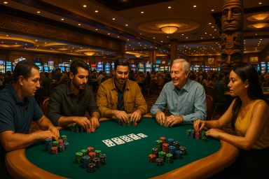 Five people gathered around a poker table with