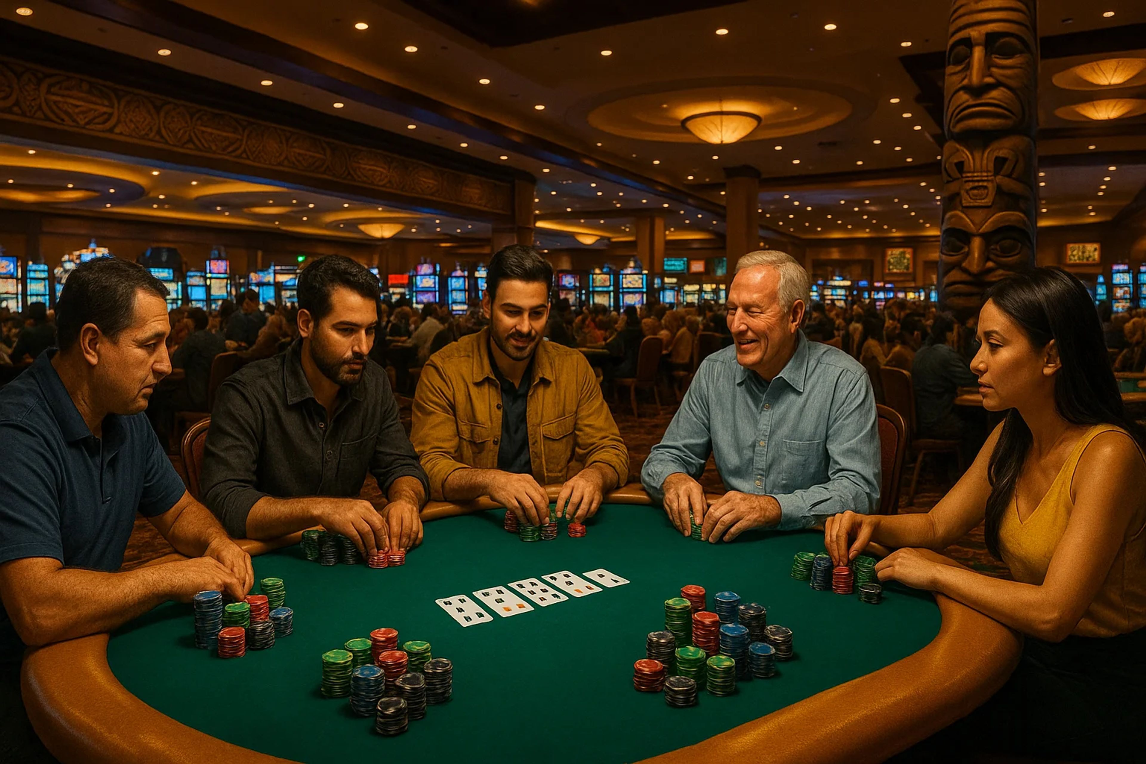 Five people gathered around a poker table with