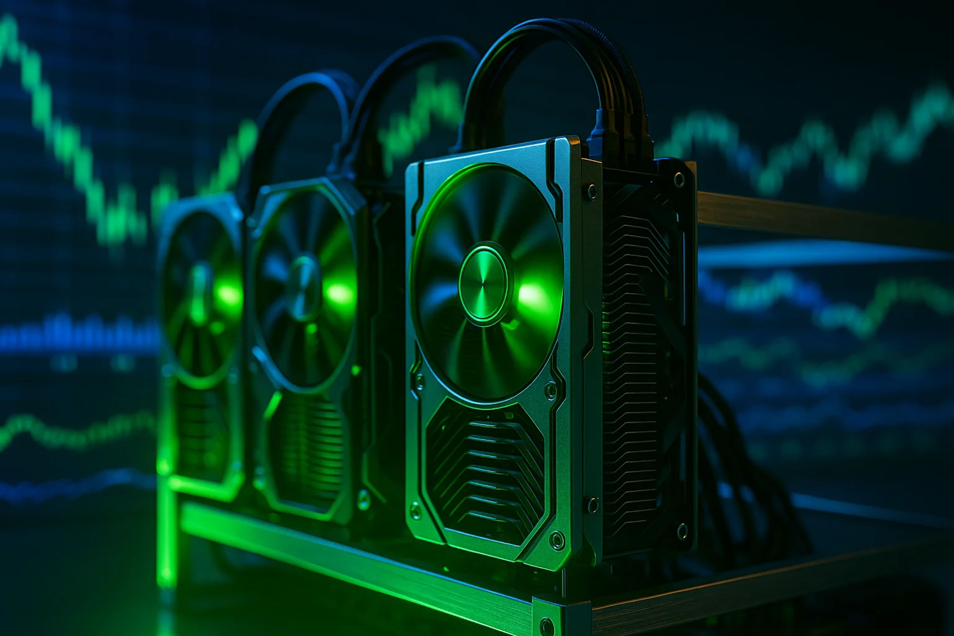 Three graphics cards with green lighting on a