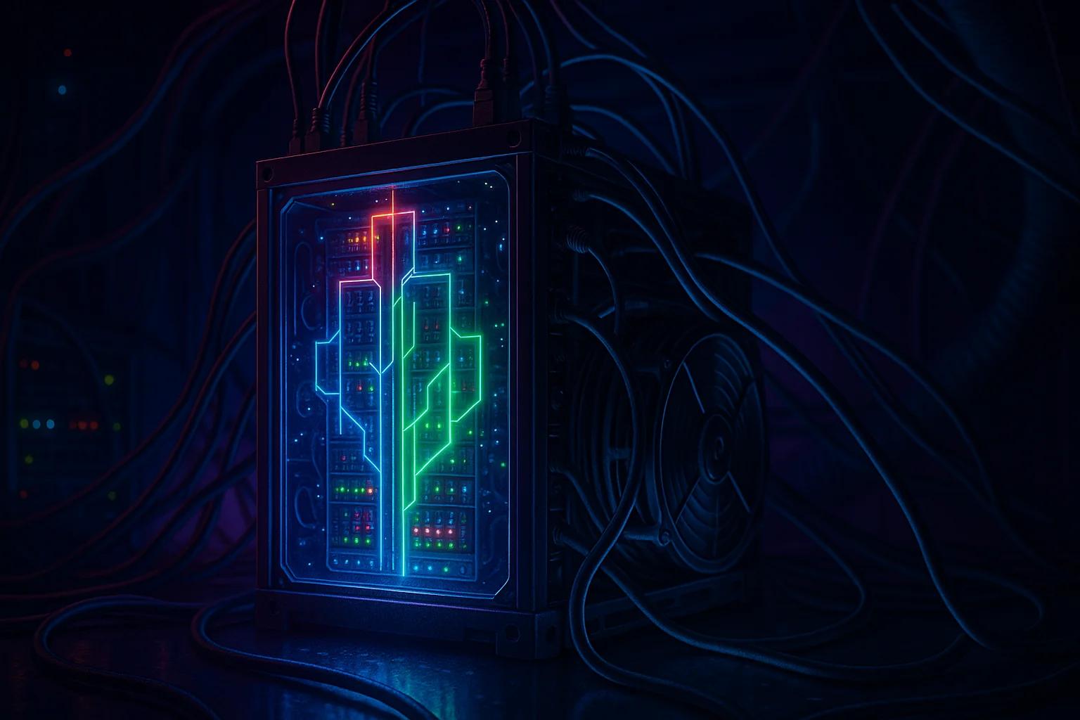 A glowing, futuristic device surrounded by cables