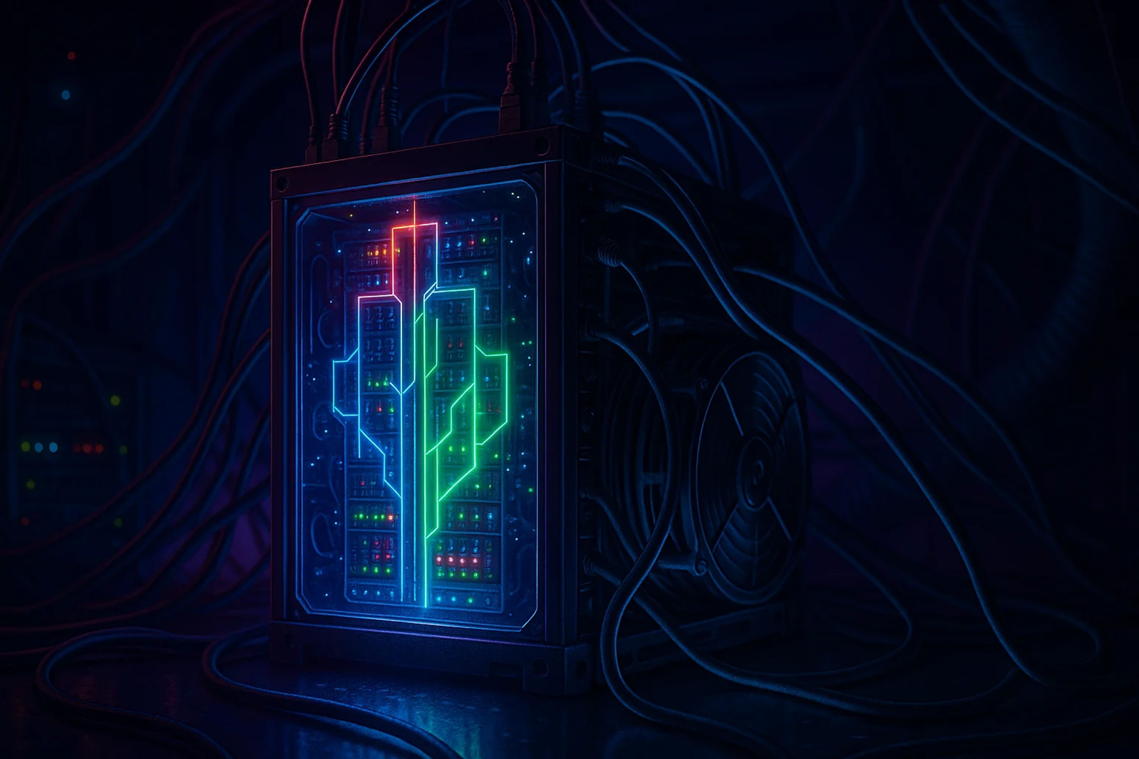 A glowing, futuristic device surrounded by cables