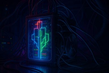 A glowing, futuristic device surrounded by cables