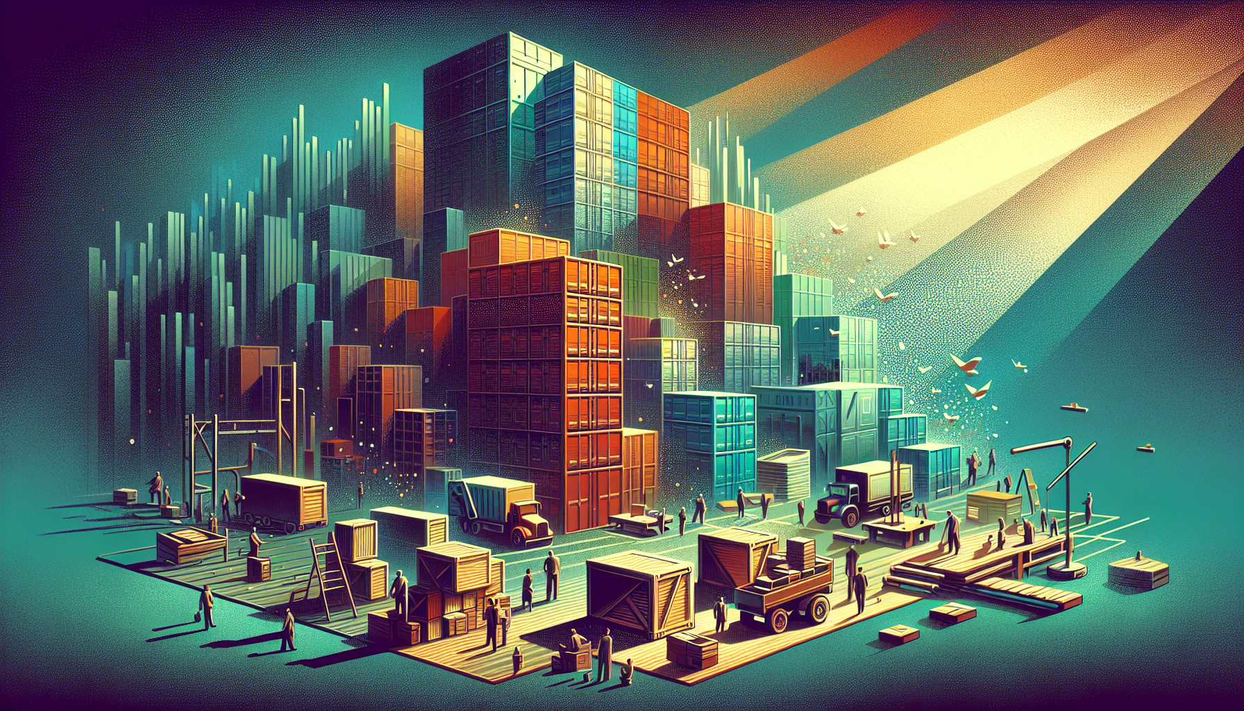 Colorful illustration of a busy shipping yard