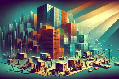 Colorful illustration of a busy shipping yard