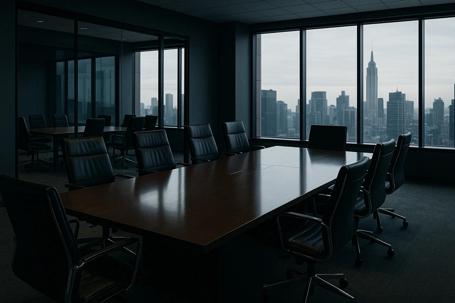 Dark conference room with a city skyline view