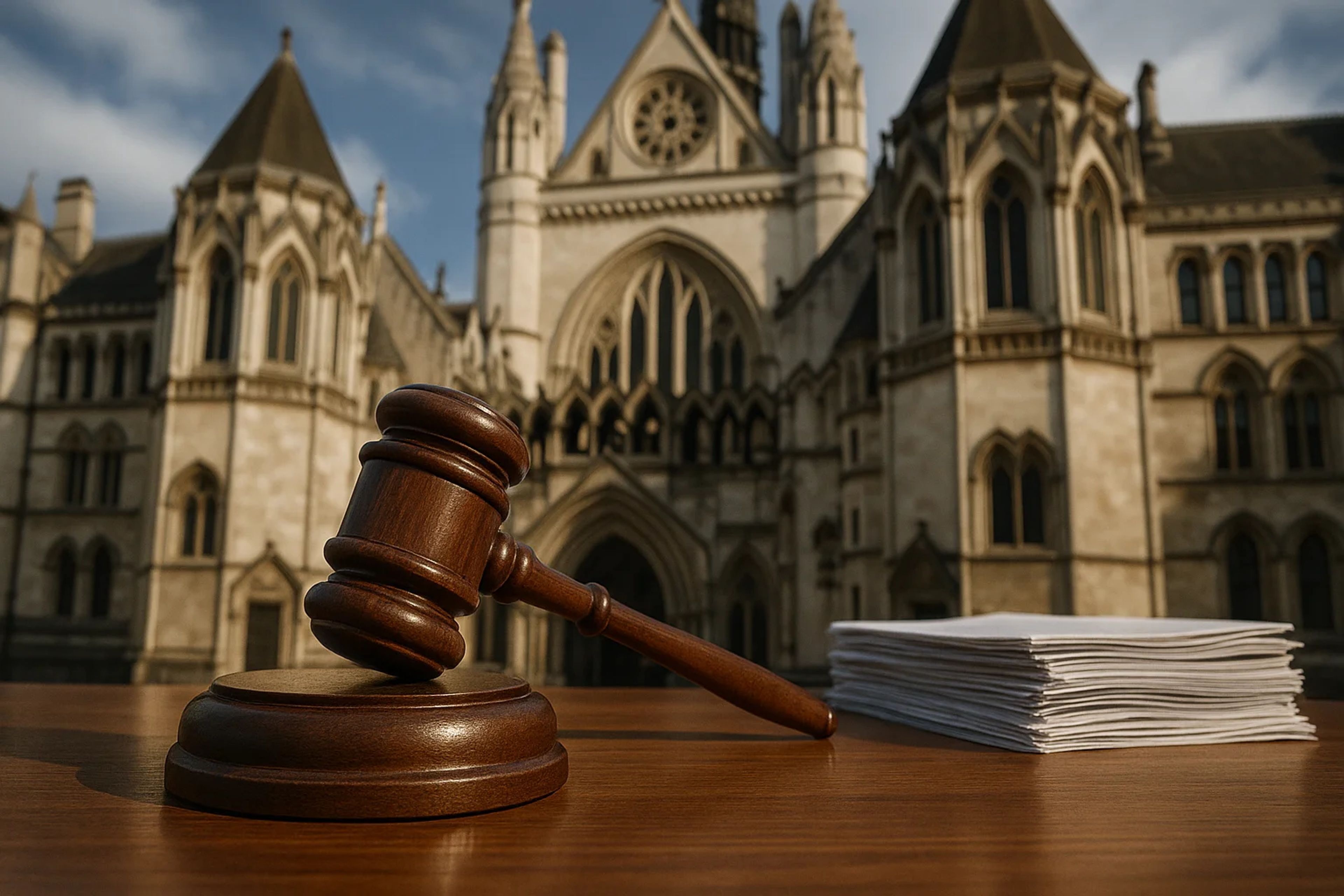 A wooden gavel rests on a table in front of a
