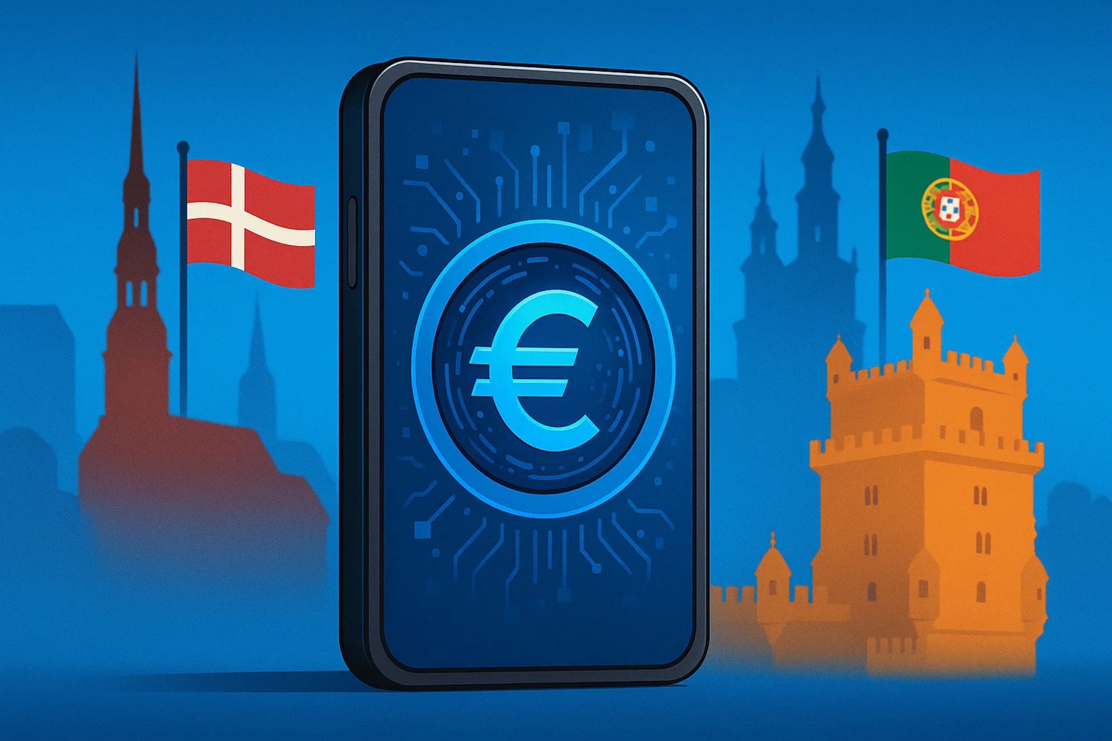 A smartphone displaying a euro symbol, with flags