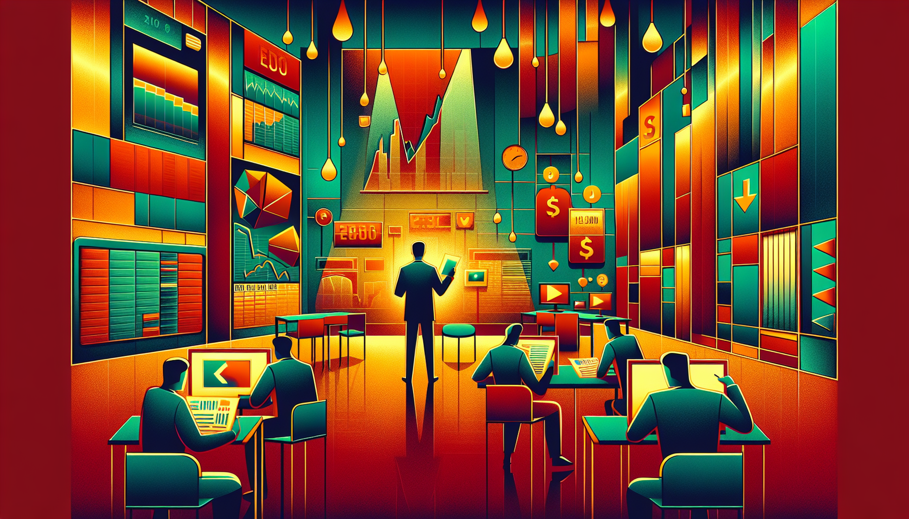 A vibrant, stylized trading room with figures at