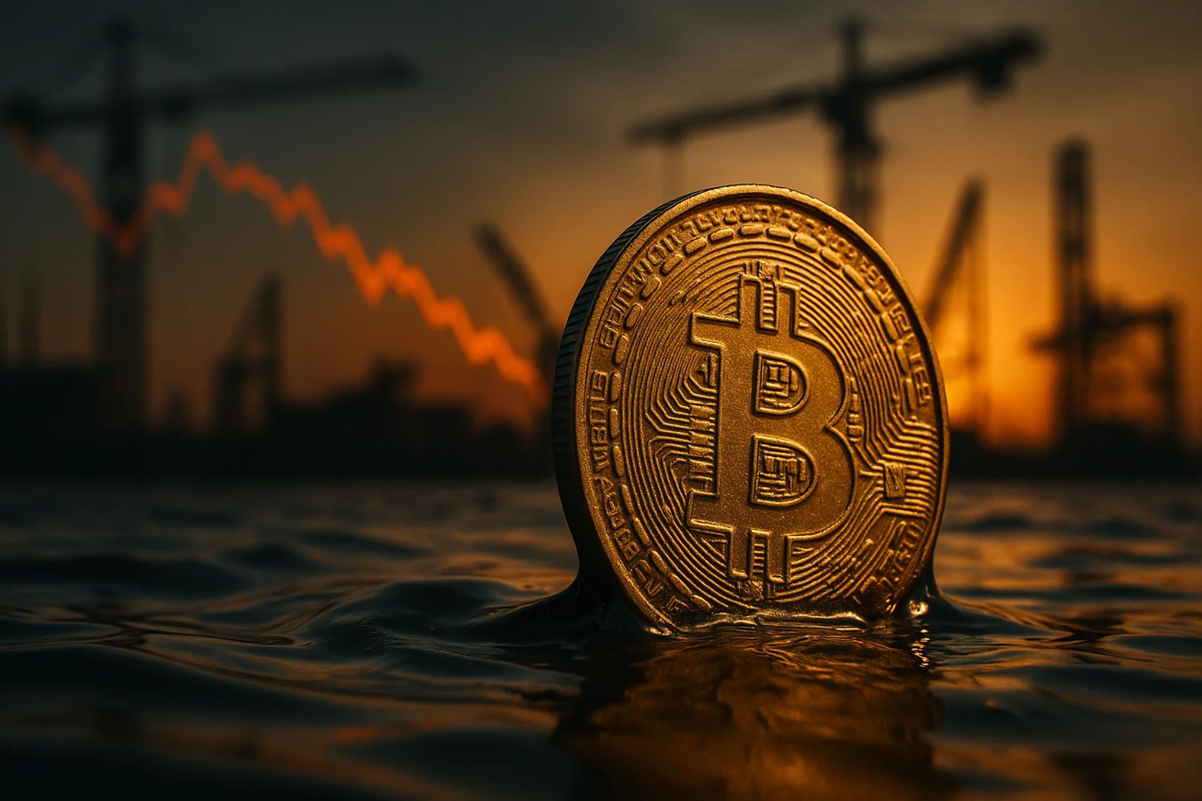 A gold Bitcoin coin partially submerged in water