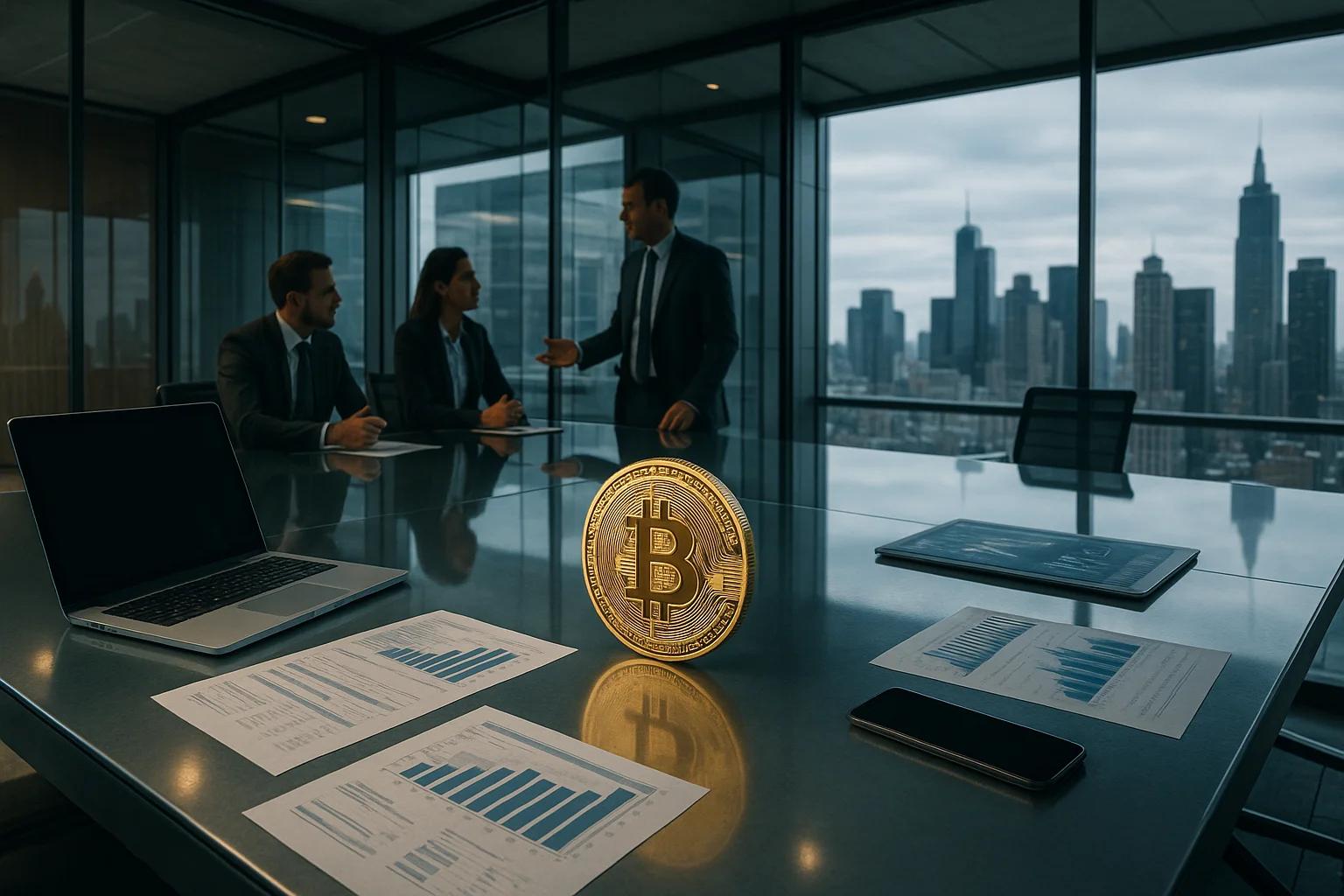 A bitcoin sits on a conference table with graphs