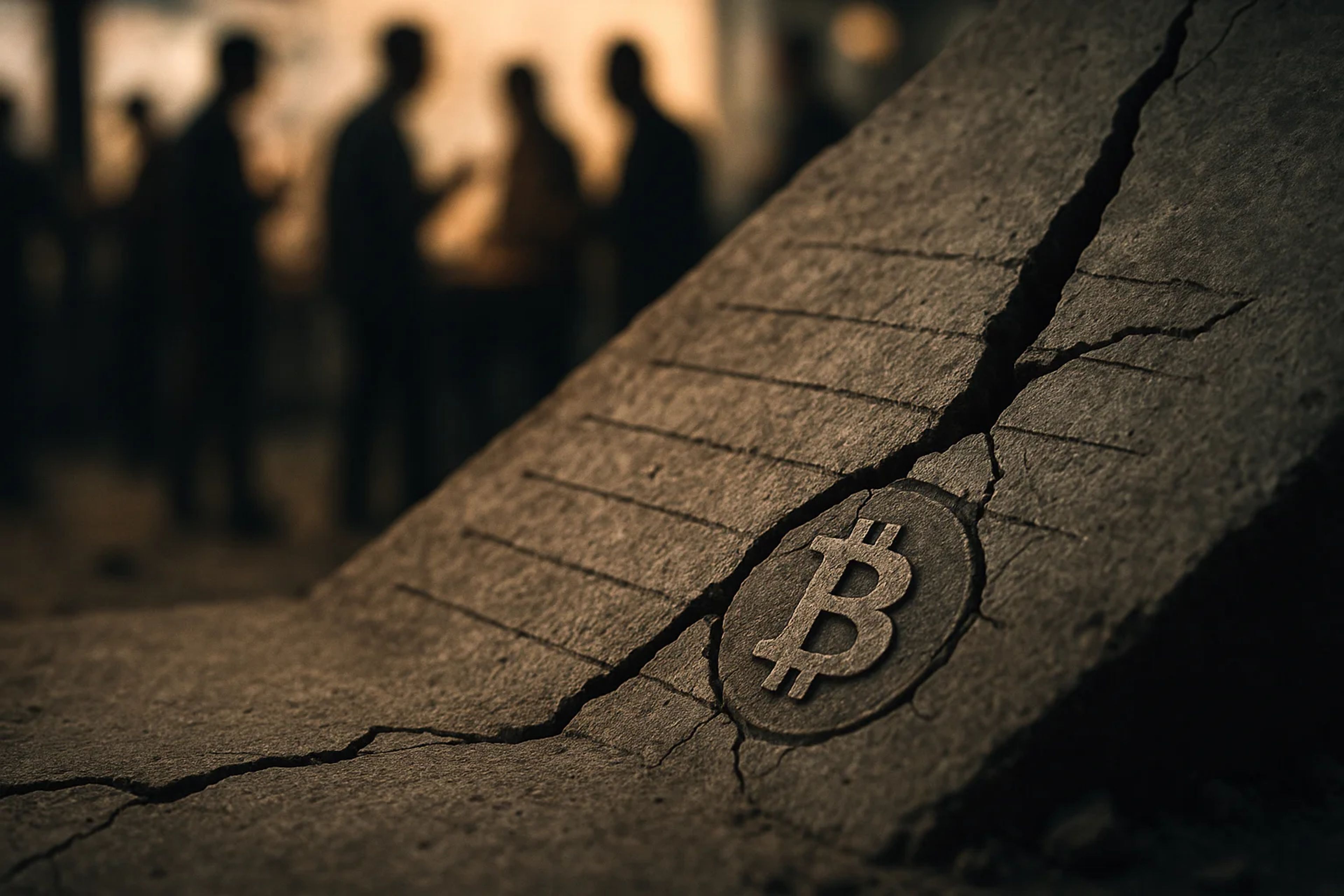 Cracked concrete with a Bitcoin symbol, blurred