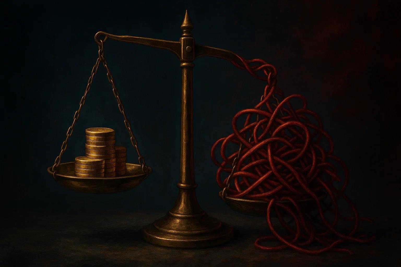A golden scale balancing coins on one side and