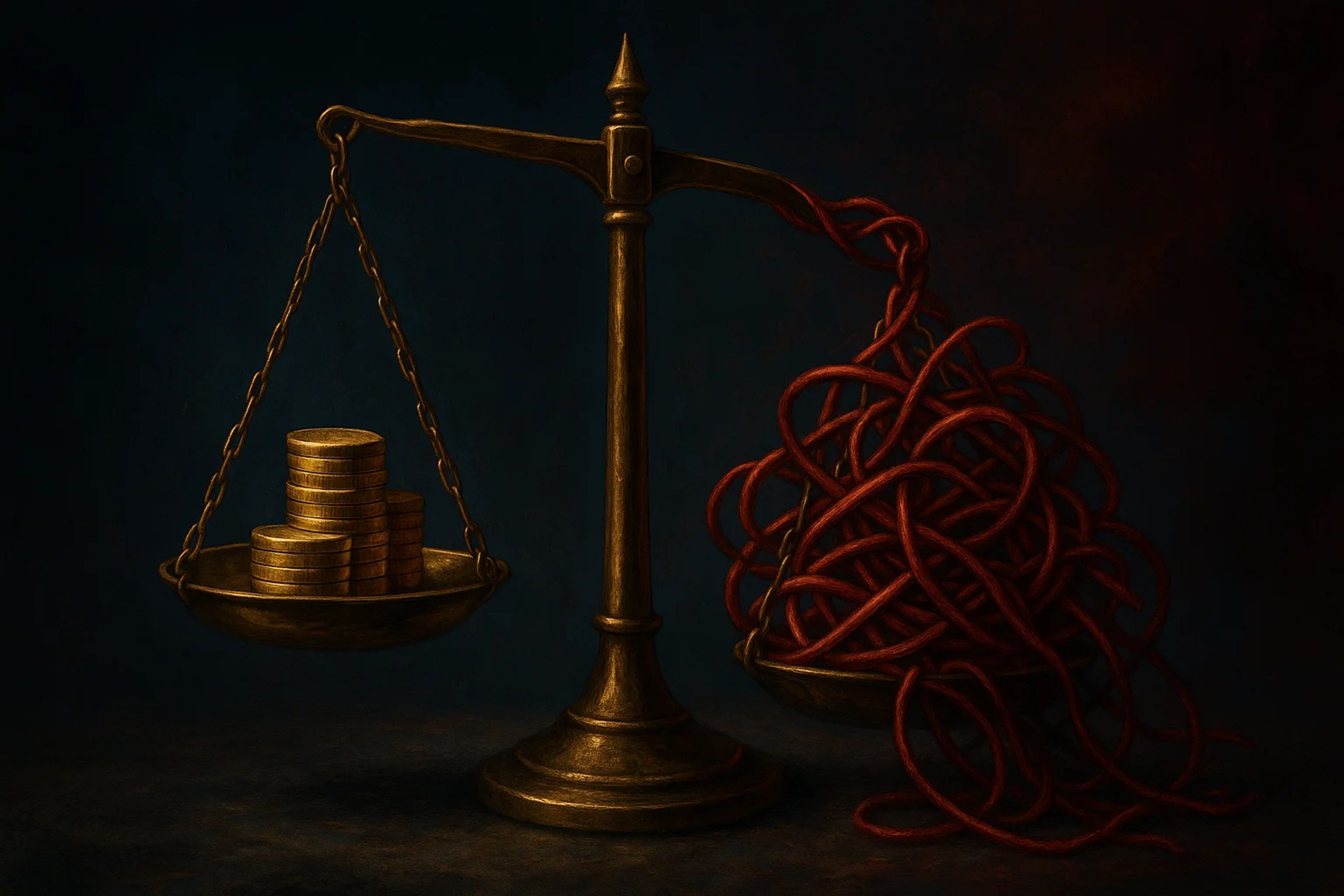 A golden scale balancing coins on one side and