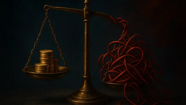 A golden scale balancing coins on one side and