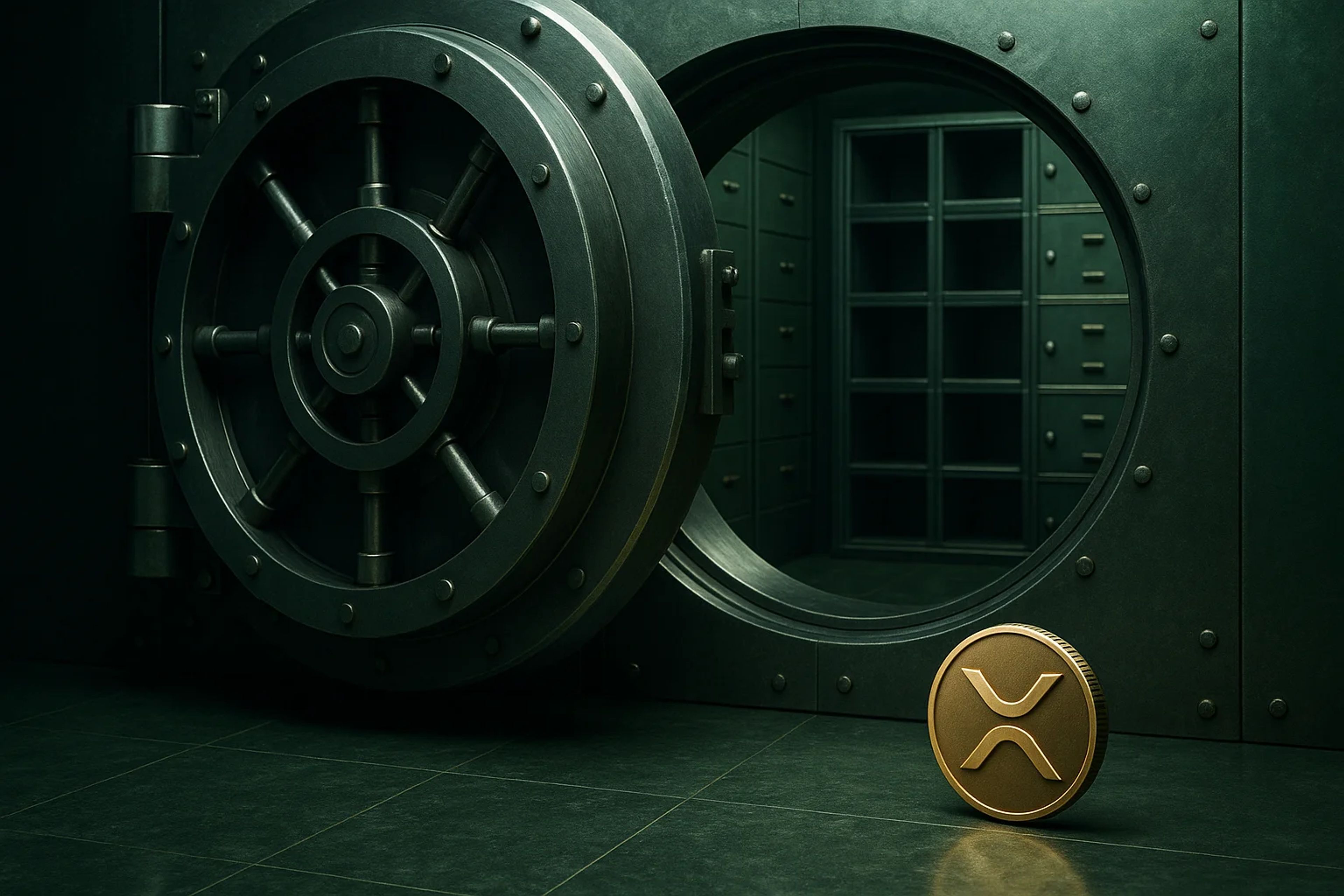 A gold coin next to an open vault door