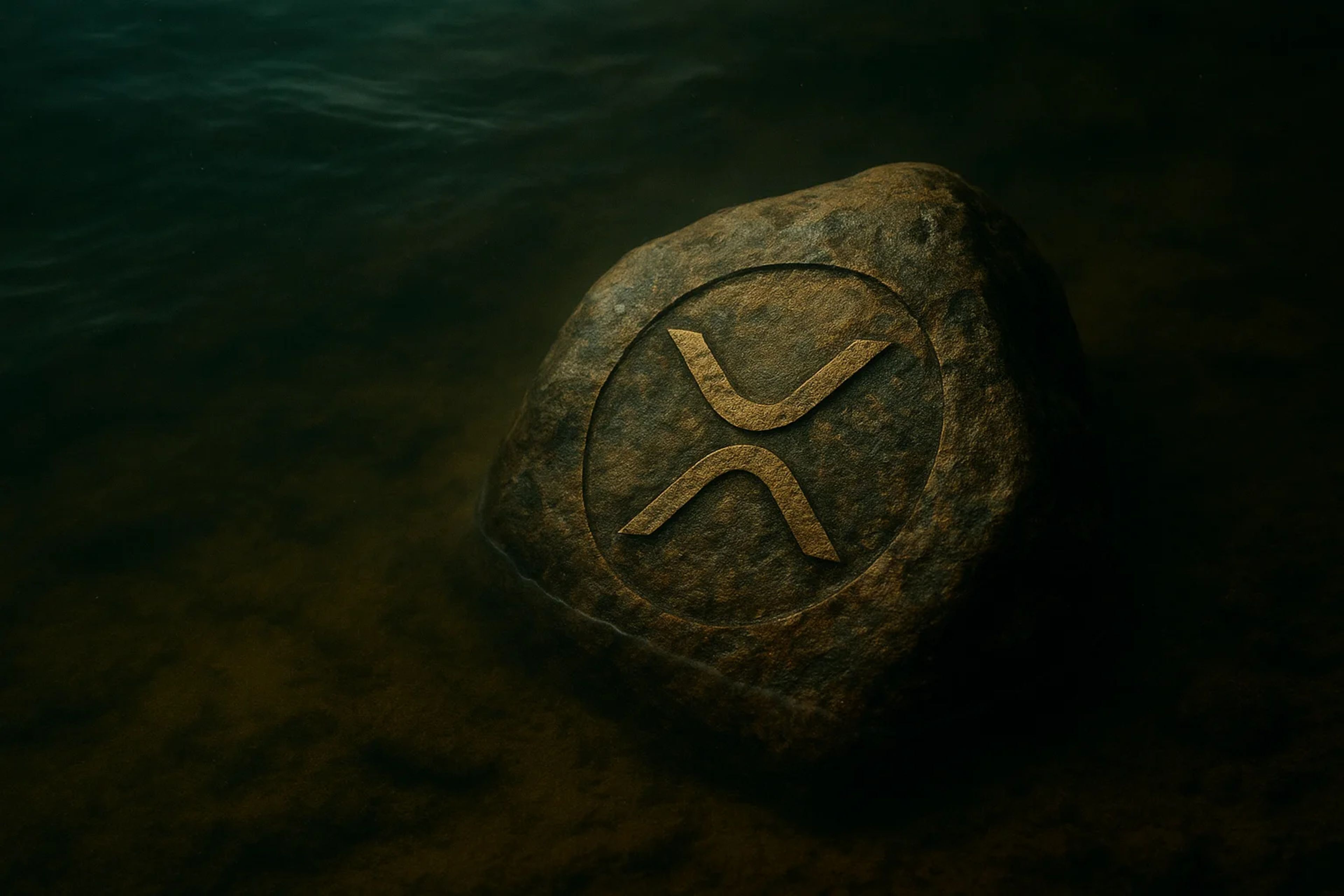 A large rock submerged in water with a symbol