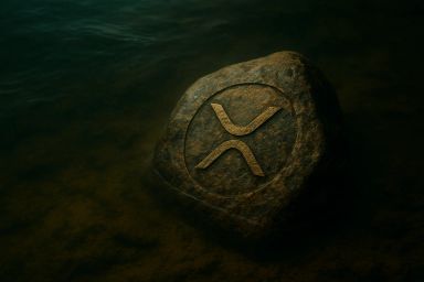 A large rock submerged in water with a symbol