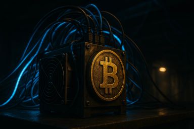 A Bitcoin mining rig with glowing cables